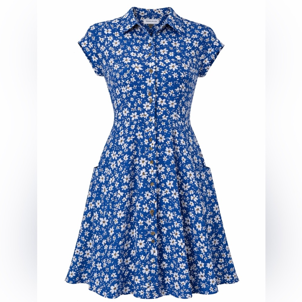Calvin Klein Blue Floral Dress Size 7 Button Front Fit & side pockets